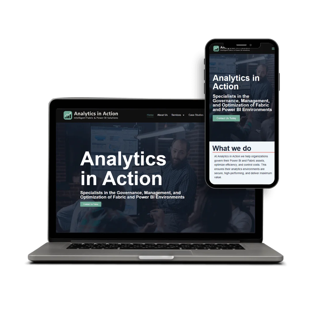 Mockup of the Analytics in Action website shown on both laptop and mobile devices, highlighting responsive design and professional layout. Website development