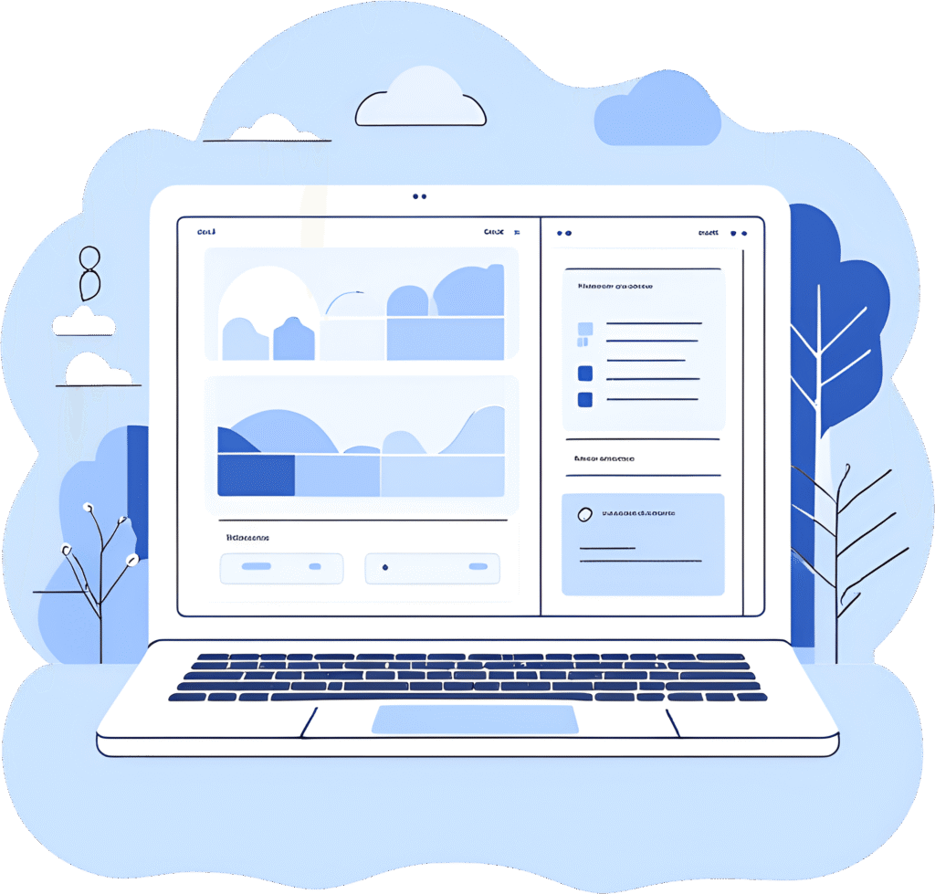 Website maintenance illustration showing performance dashboards on a laptop—representing local WordPress support in Newcastle, NSW.