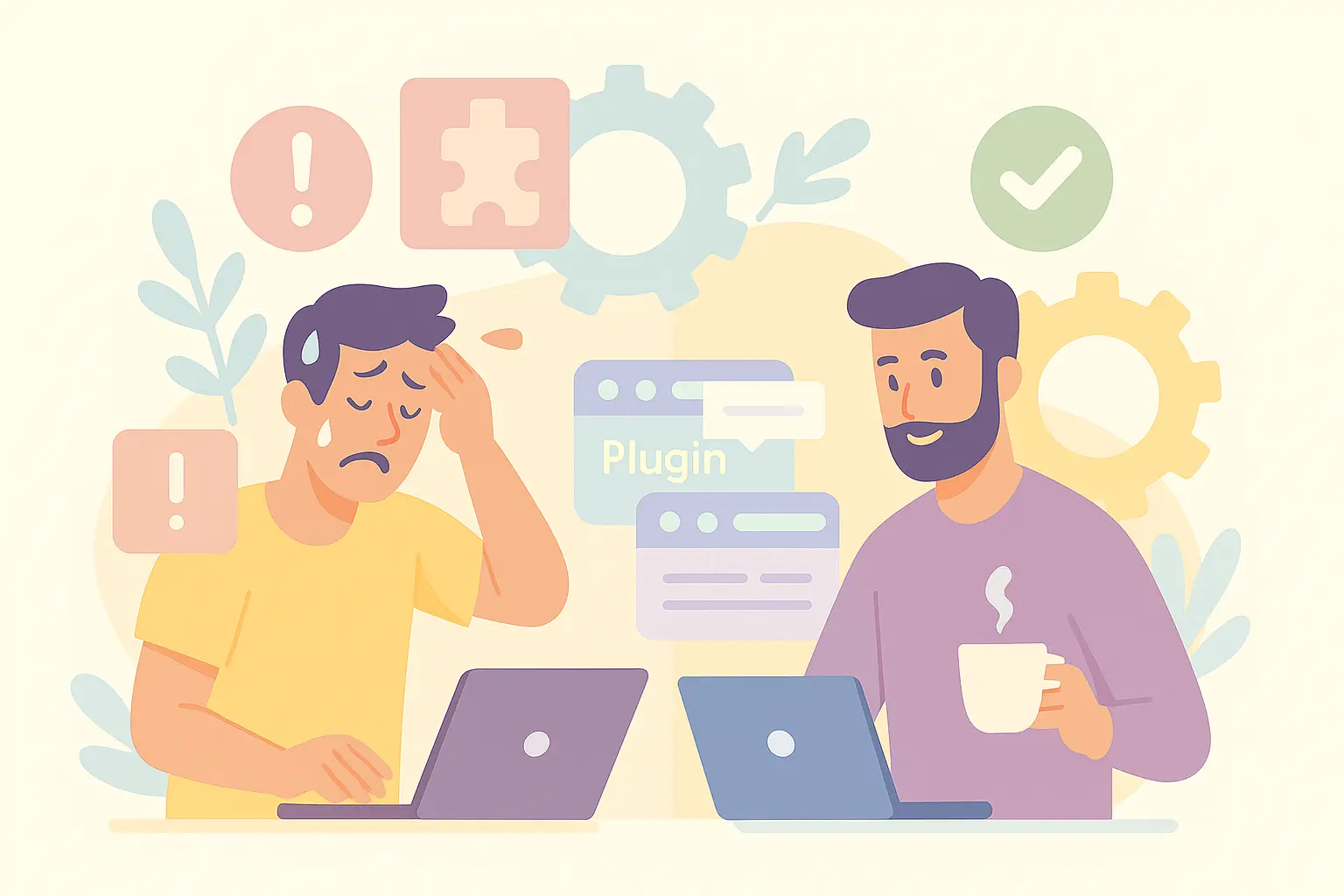 Illustration contrasting DIY website maintenance vs professional website maintenance: on the left, a stressed person at a laptop surrounded by exclamation icons and a broken “Plugin” pop-up; on the right, a relaxed person holding a coffee cup at a laptop under a green checkmark; pastel gears and code icons float between them, symbolising proactive site care.