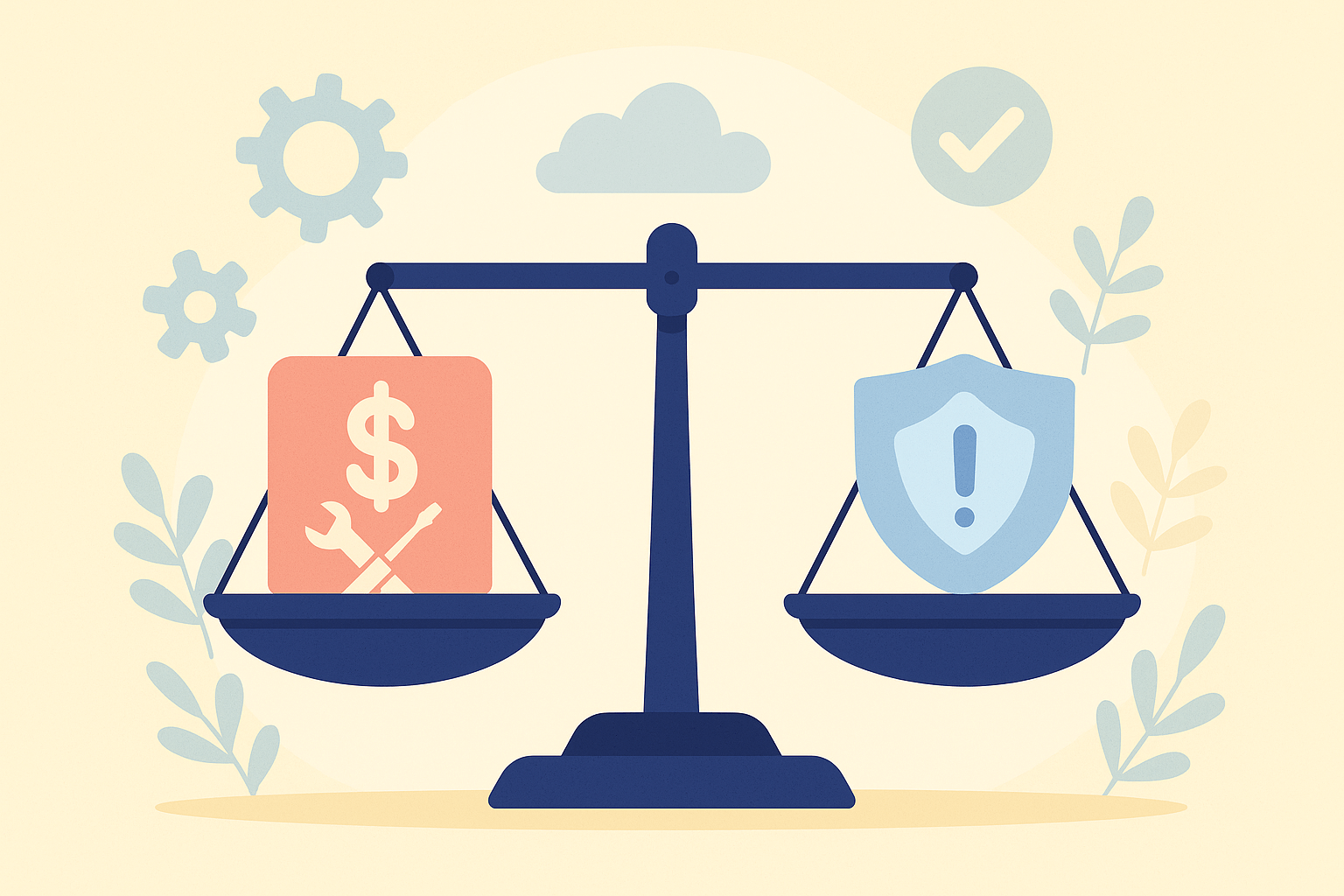 Illustration of balancing scales, with a dollar sign and maintenance tools on one side and a shield with an exclamation mark on the other, symbolising the balance between website maintenance cost in australia and risk. Pastel colours and flat design, in a tech-friendly style.