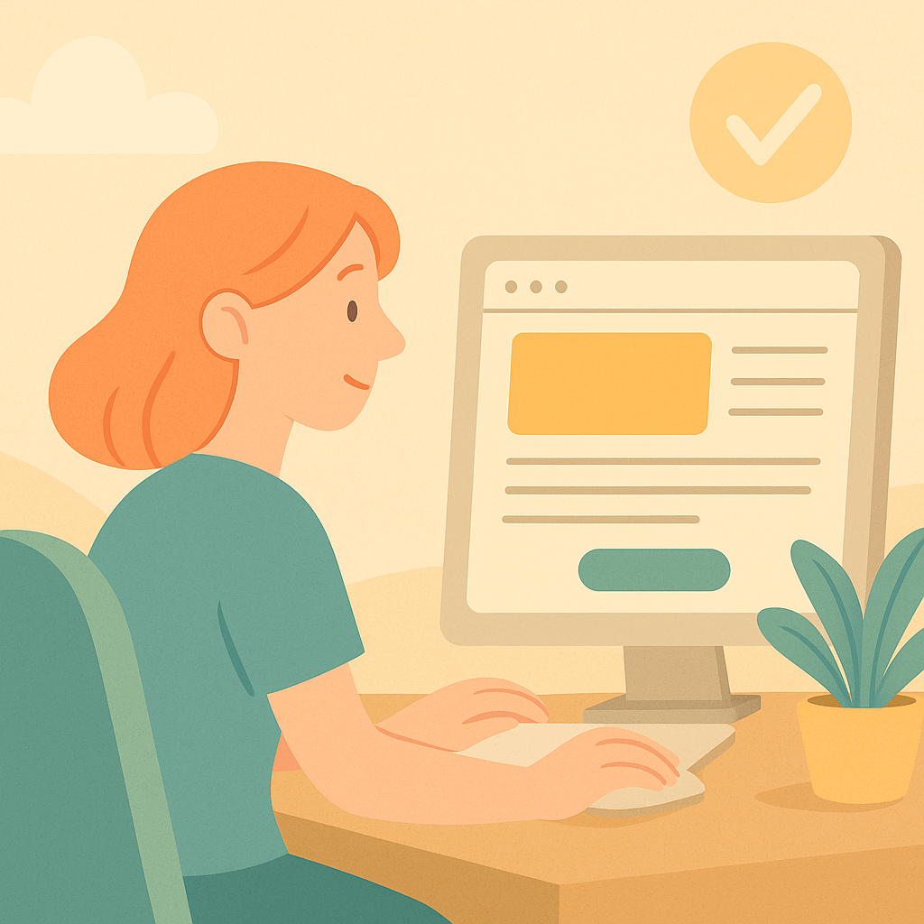 Illustration of a woman designing a clean and modern website homepage on her computer, with visual elements like a bold hero image and clear call-to-action button, representing effective website homepage tips in a soft, pastel style