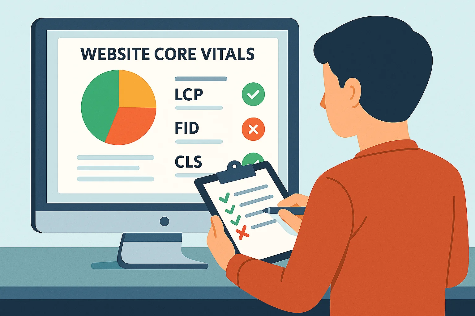 Illustration of a person reviewing core web vitals on a computer screen, showing LCP and CLS as passed and FID as failed, while marking a checklist on a clipboard.