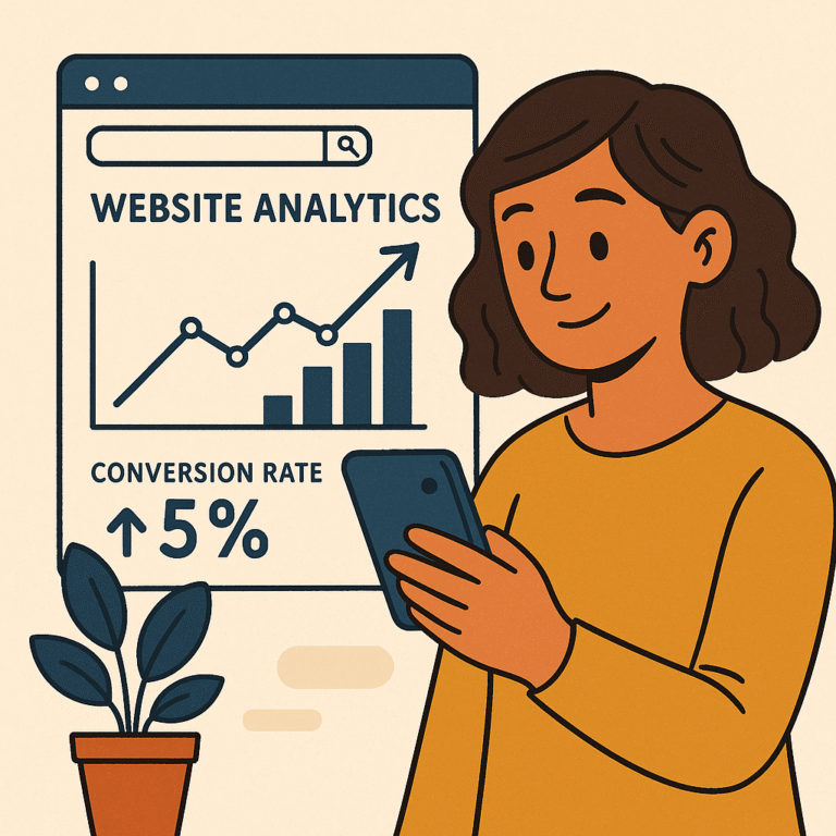 Illustration of a woman checking her phone while a screen behind her shows website analytics with a rising graph and conversion rate up 5%. Website design that converts