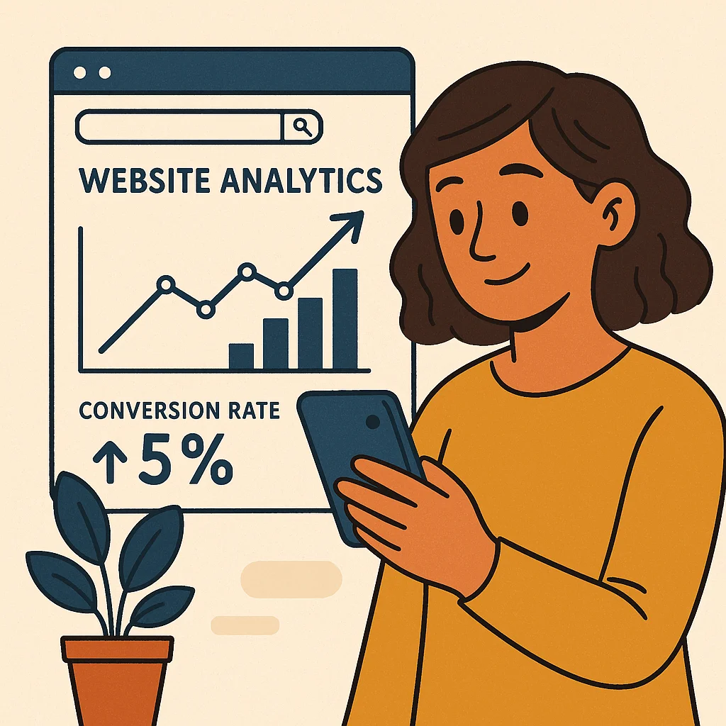 Illustration of a woman checking her phone while a screen behind her shows website analytics with a rising graph and conversion rate up 5%. Website design that converts