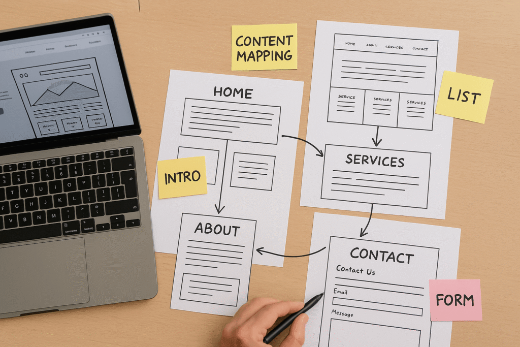 Photo of a website content map on paper with sections for Home, Services, About, and Contact, arranged in a flowchart next to a laptop.