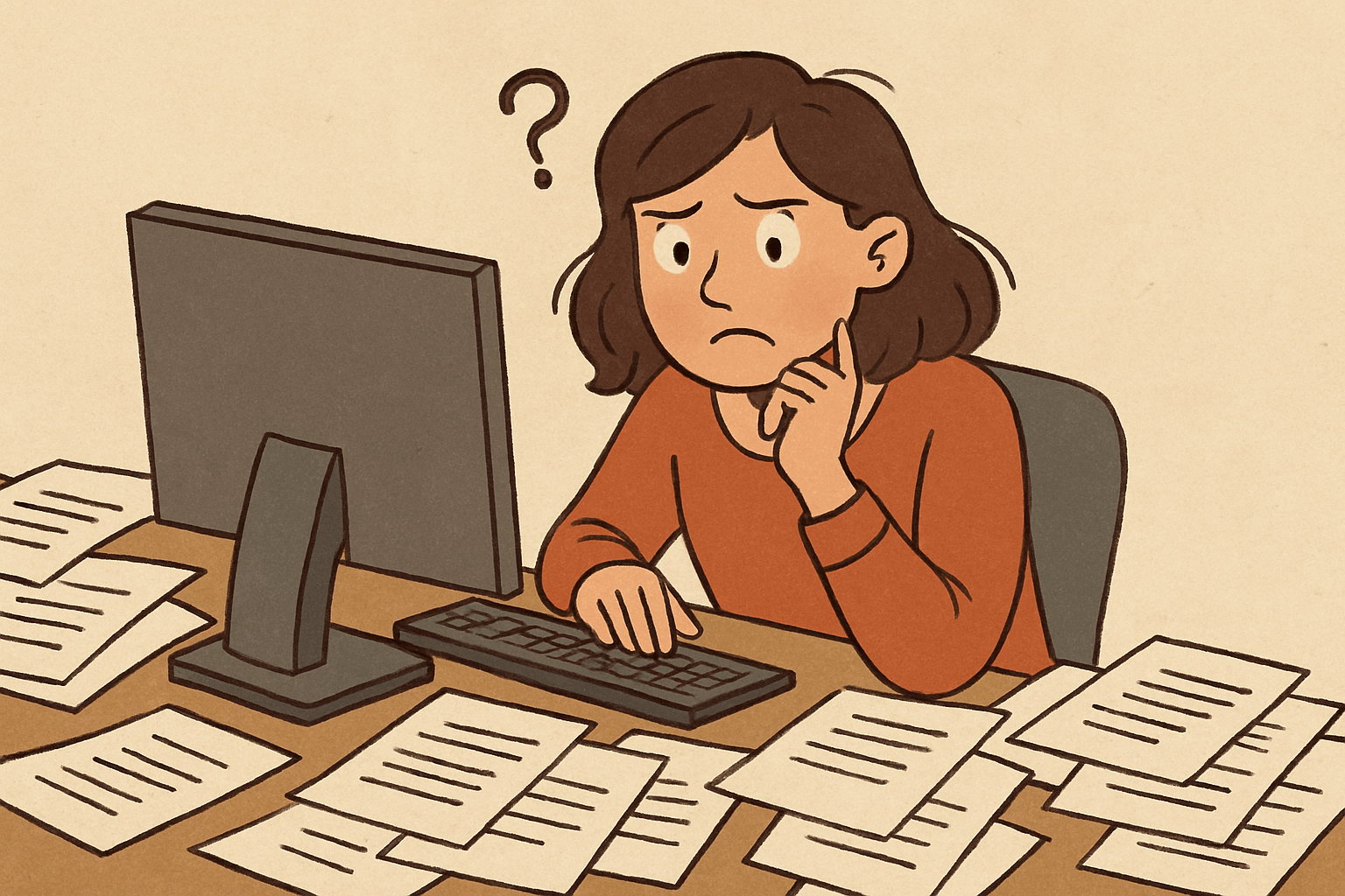 Illustration of a woman sitting at a desk covered in papers, looking confused at her computer with a question mark above her head.