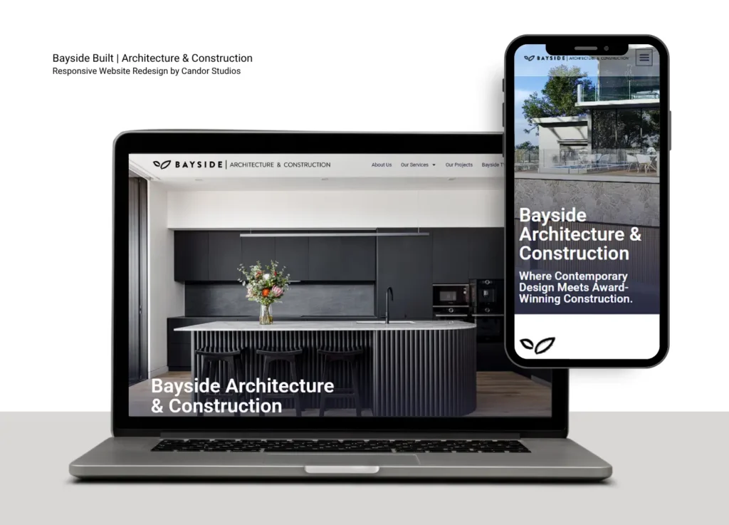 Responsive website design for Bayside Built, a Sydney-based architecture and construction company. Designed by Candor Studios to showcase modern architecture website design and construction website design across desktop and mobile.