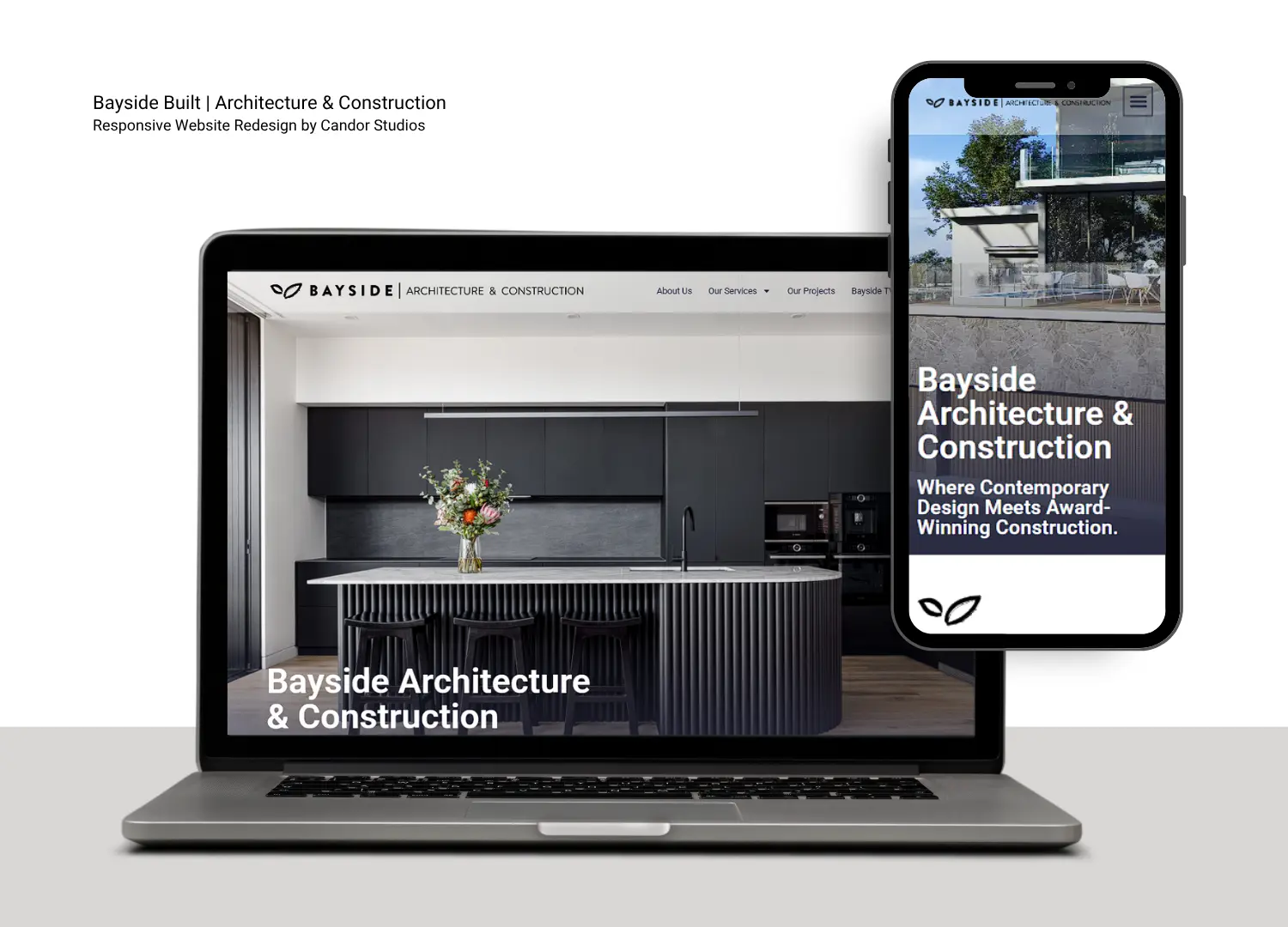 Responsive website design for Bayside Built, a Sydney-based architecture and construction company. Designed by Candor Studios to showcase modern architecture website design and construction website design across desktop and mobile.