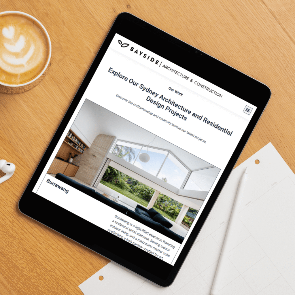 Website content and copywriting. Sydney Architecture Firm. Tablet showing our work section
