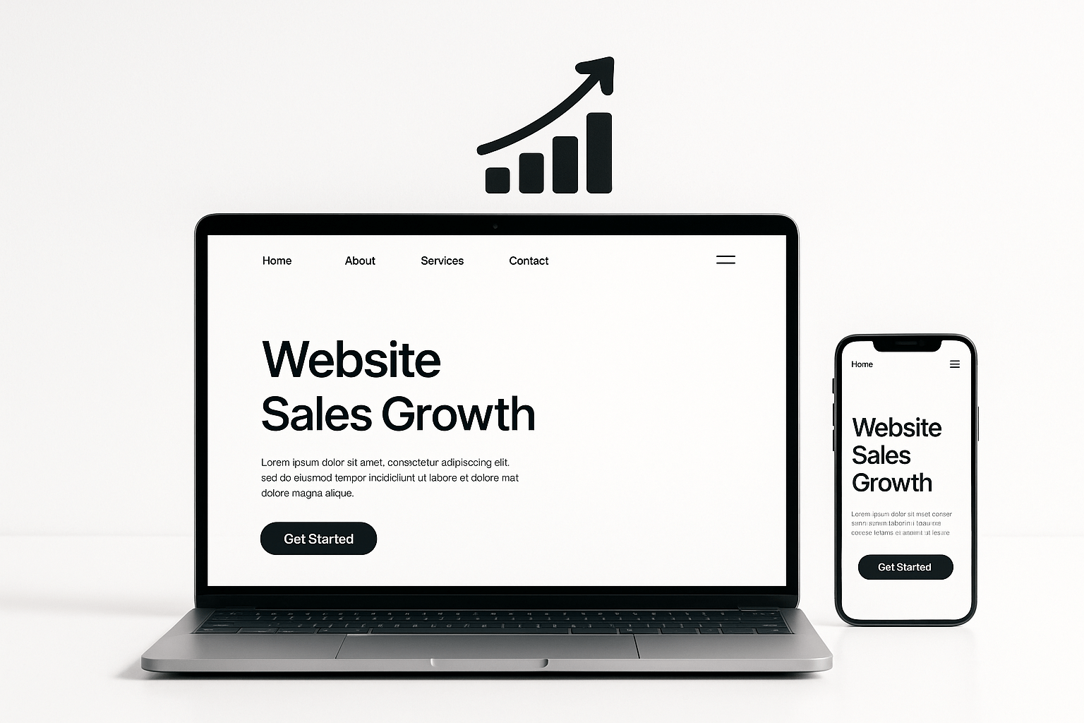 Modern laptop and smartphone displaying the same clean, mobile-friendly website with clear navigation and a bold call-to-action button. An upward arrow symbolises improved sales through better user experience for Newcastle small businesses.
