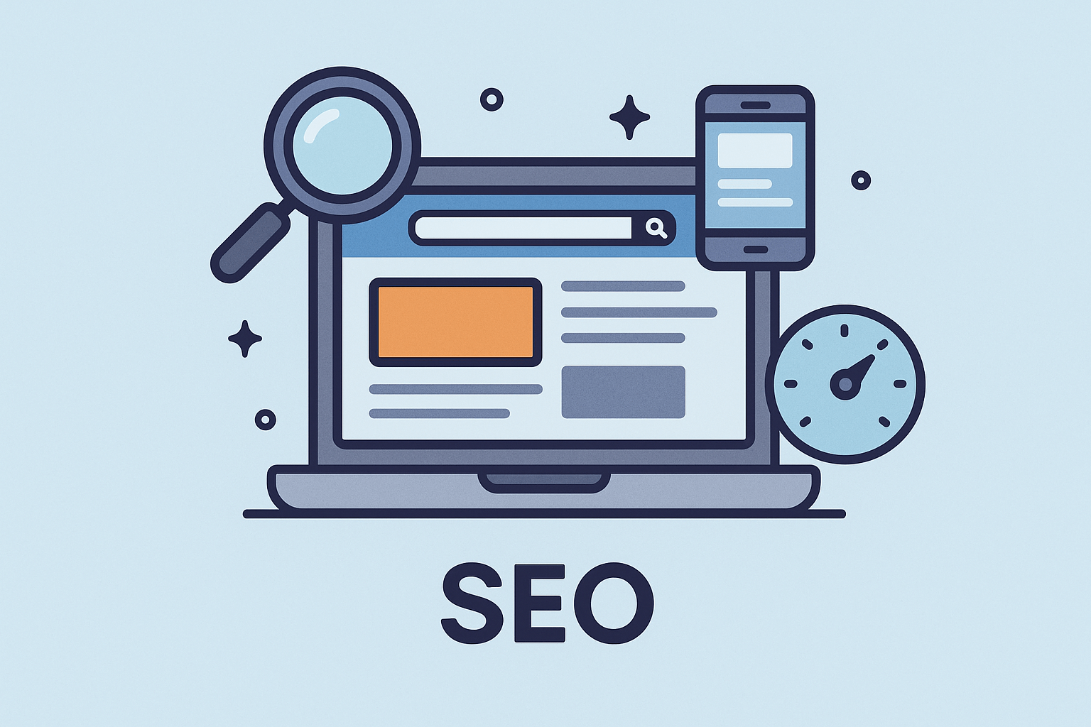 Flat illustration of a laptop, mobile phone, magnifying glass, and speedometer icons, symbolising Elementor SEO and website optimisation.